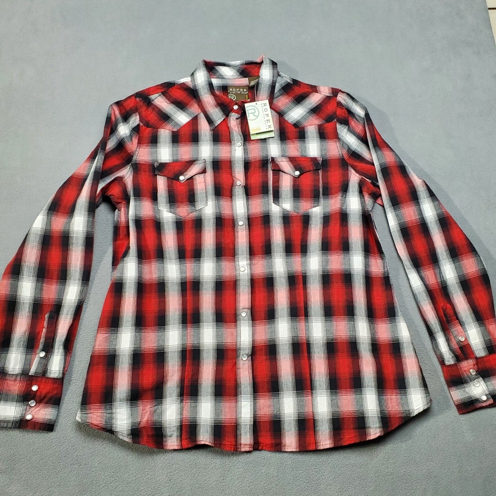 Roper Western Shirt Womens Large Red NWT Plaid Pearl Snap Cotton Rodeo Top